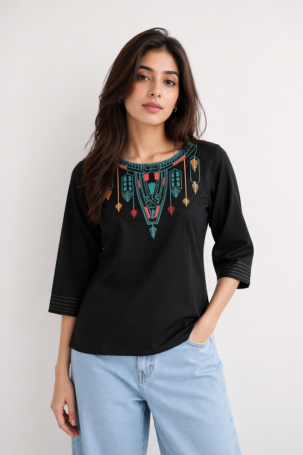 Everyday Casual Black Tunic with Colorful Yoke Embroidery D54