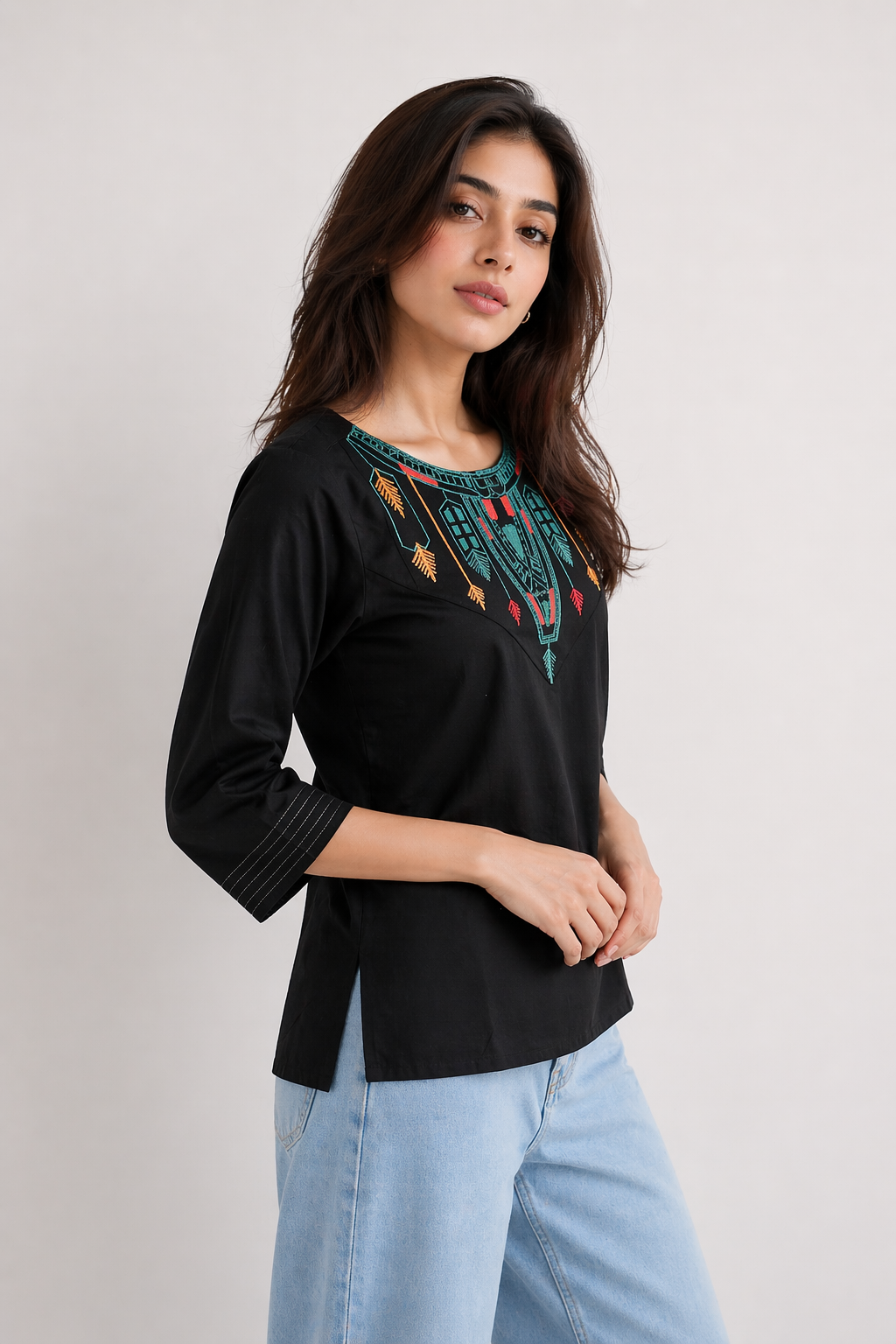 Everyday Casual Black Tunic with Colorful Yoke Embroidery D54