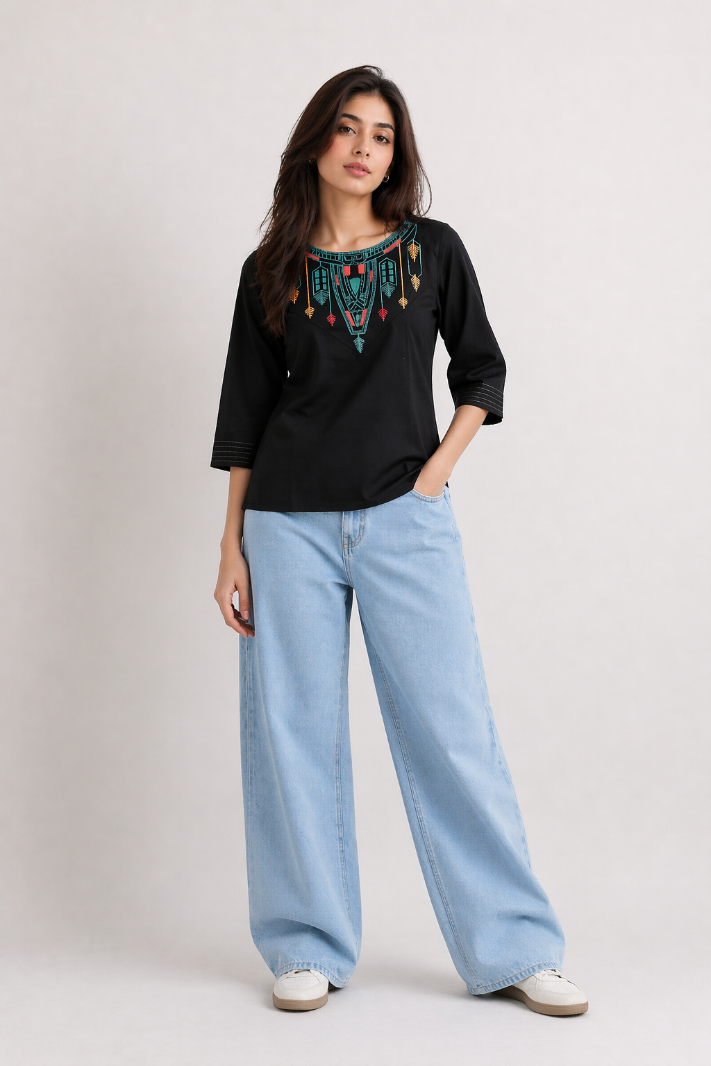 Everyday Casual Black Tunic with Colorful Yoke Embroidery D54