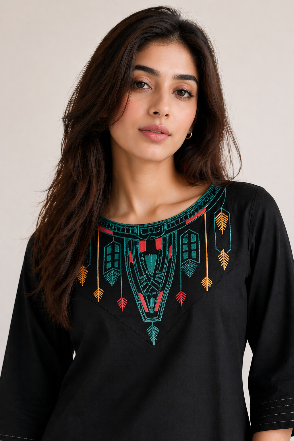 Everyday Casual Black Tunic with Colorful Yoke Embroidery D54