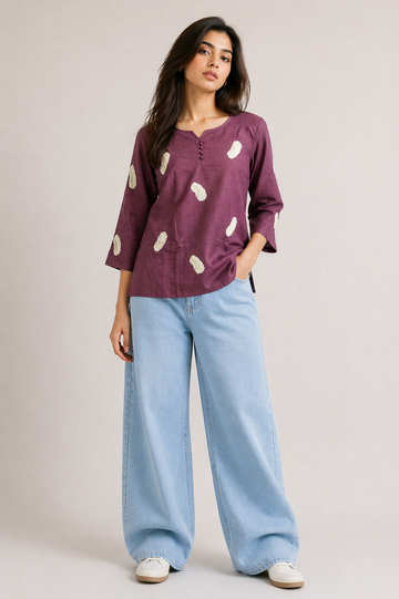 Everyday Wine Cotton Blend Top with Button Detailing D55