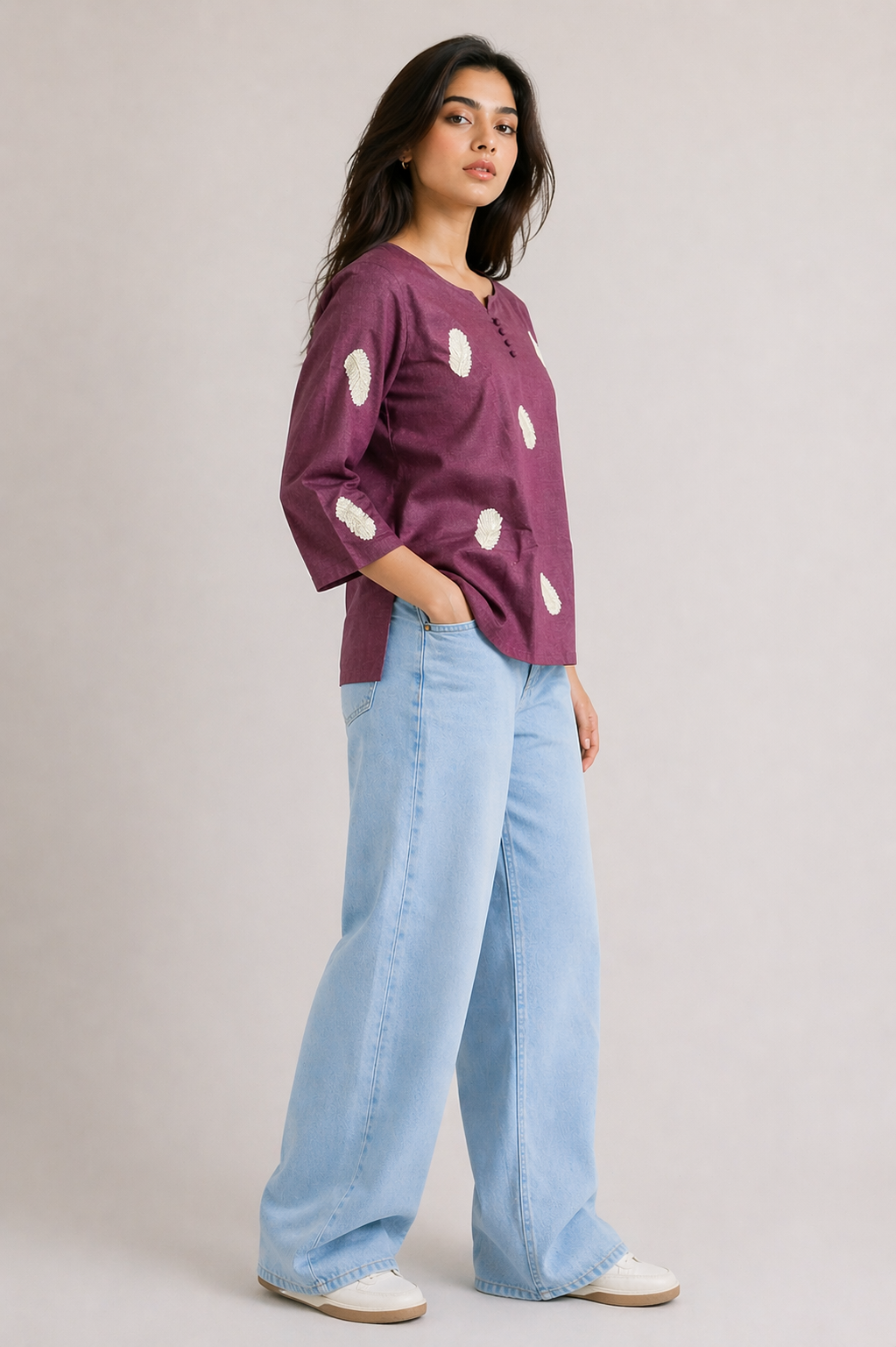 Everyday Wine Cotton Blend Top with Button Detailing D55