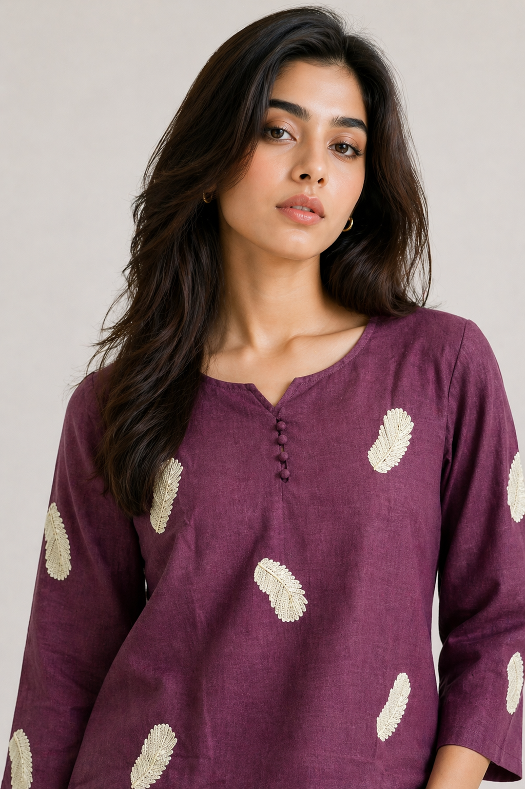 Everyday Wine Cotton Blend Top with Button Detailing D55