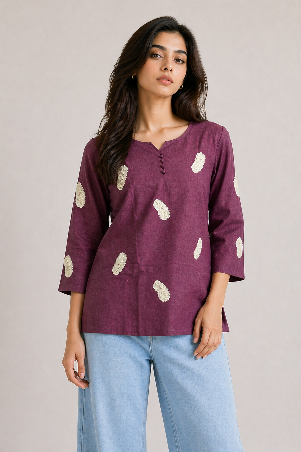 Everyday Wine Cotton Blend Top with Button Detailing D55