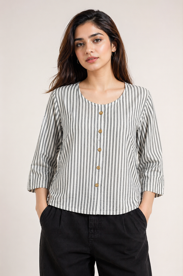 Women's Grey & White Vertical Striped Button-Down Top D56