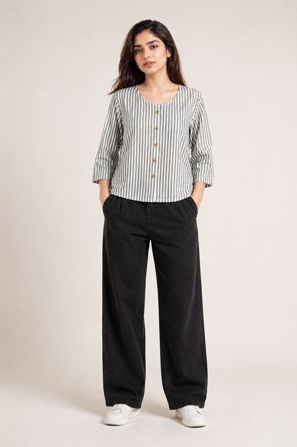 Women's Grey & White Vertical Striped Button-Down Top D56