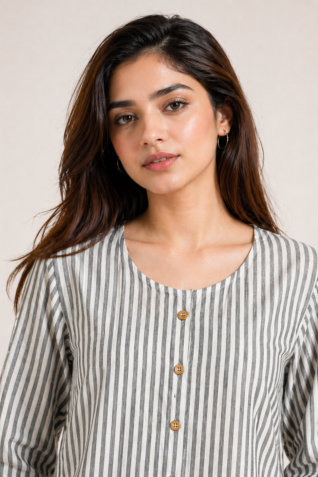 Women's Grey & White Vertical Striped Button-Down Top D56