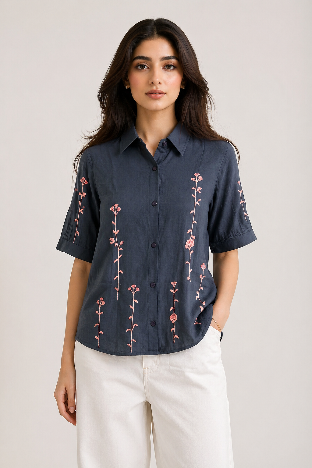 Women's Charcoal Button-Front Shirt with Pink Floral Embroidery D57