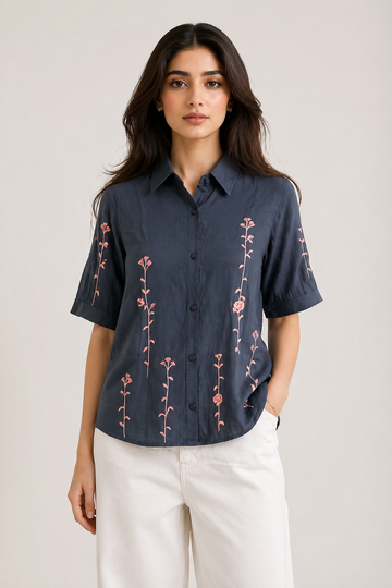 Women's Charcoal Button-Front Shirt with Pink Floral Embroidery D57