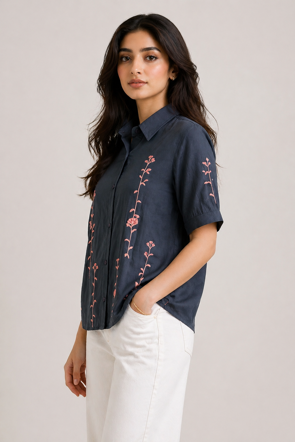 Women's Charcoal Button-Front Shirt with Pink Floral Embroidery D57