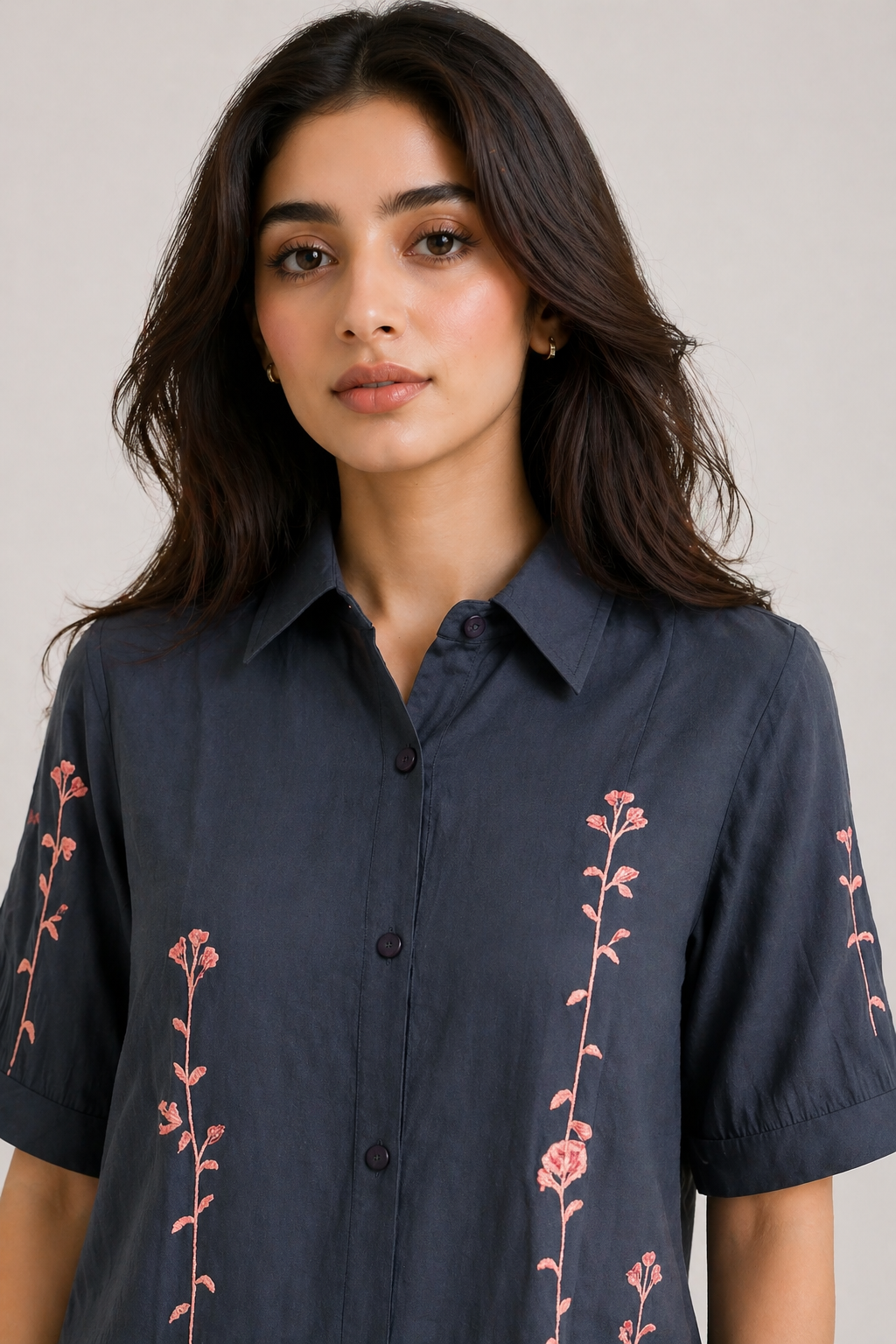Women's Charcoal Button-Front Shirt with Pink Floral Embroidery D57