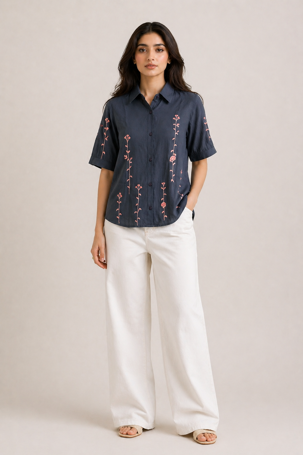Women's Charcoal Button-Front Shirt with Pink Floral Embroidery D57