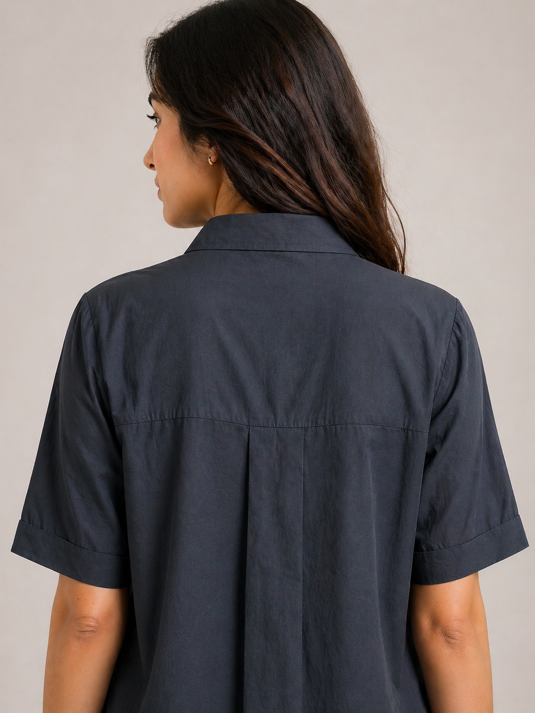 Women's Charcoal Button-Front Shirt with Pink Floral Embroidery D57
