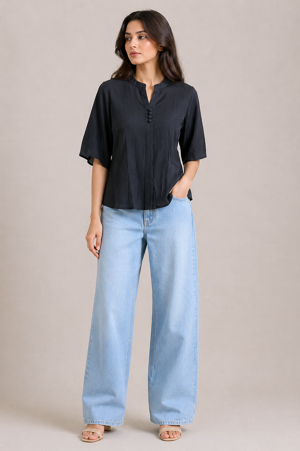 Solid Black V-Neck Blouse with Three-Quarter Kimono Sleeves D58