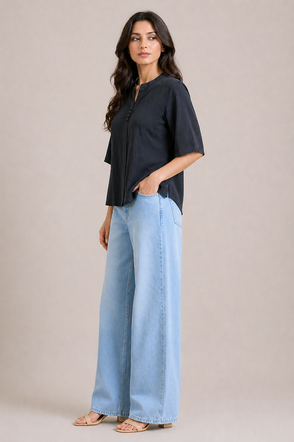 Solid Black V-Neck Blouse with Three-Quarter Kimono Sleeves D58