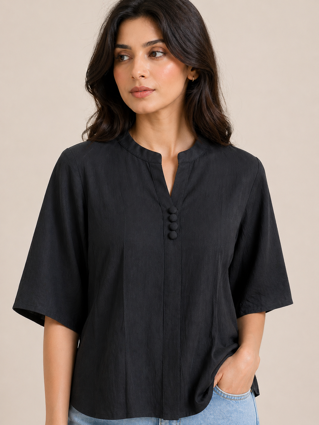 Solid Black V-Neck Blouse with Three-Quarter Kimono Sleeves D58