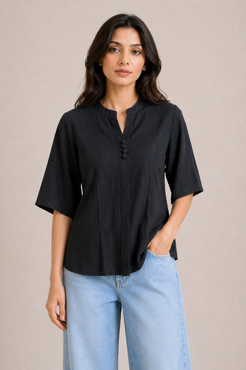 Solid Black V-Neck Blouse with Three-Quarter Kimono Sleeves D58