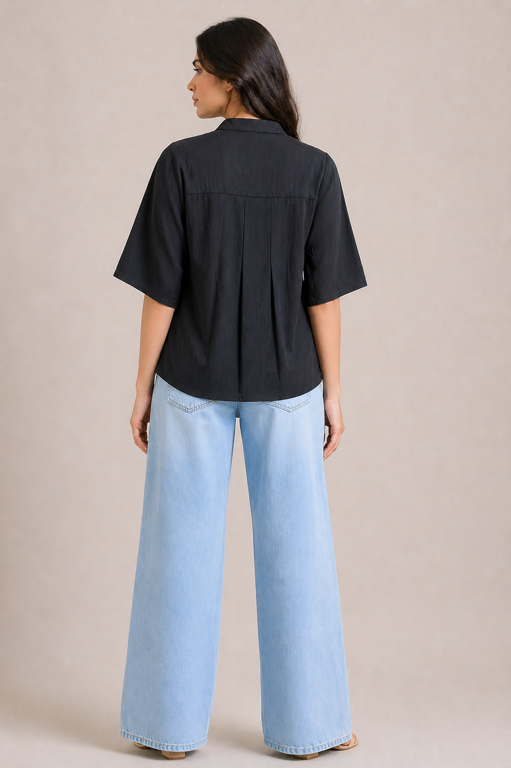 Solid Black V-Neck Blouse with Three-Quarter Kimono Sleeves D58