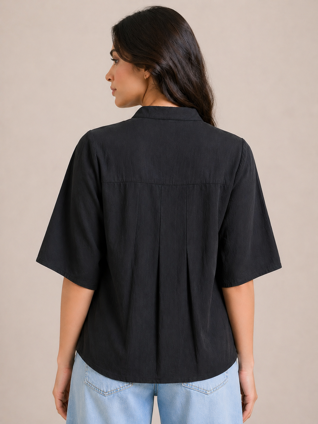 Solid Black V-Neck Blouse with Three-Quarter Kimono Sleeves D58