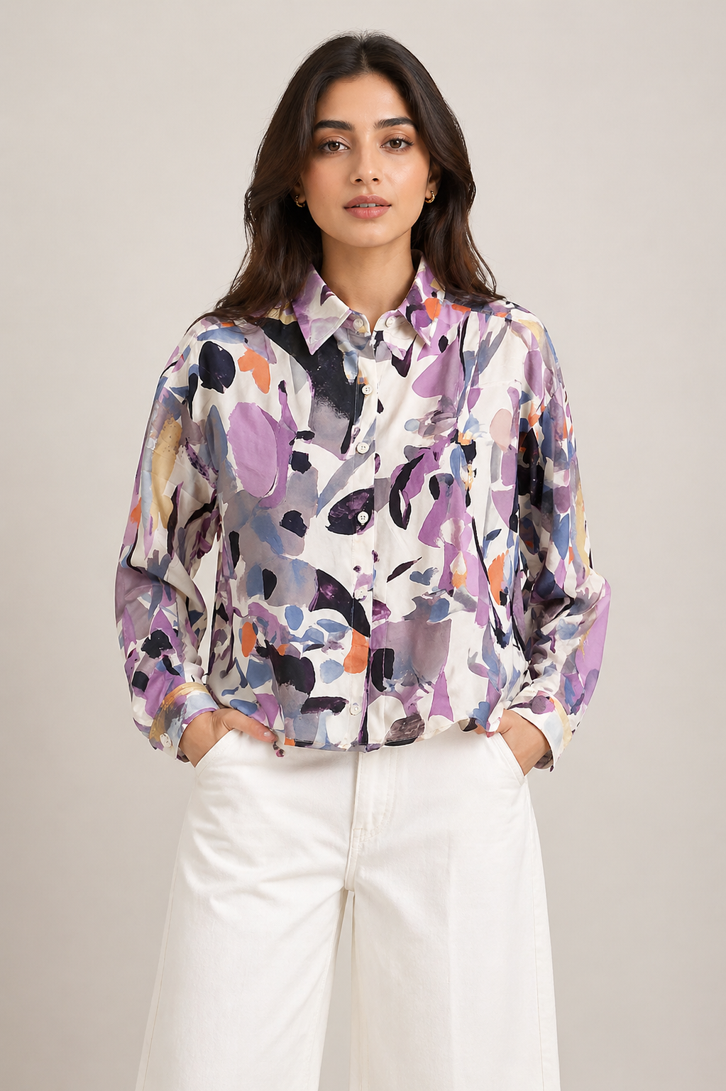 Women's Abstract Multi-Color Printed Button-Down Shirt D59
