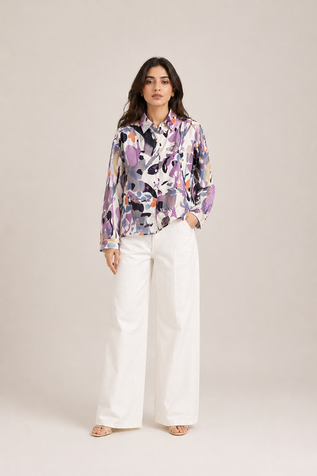 Women's Abstract Multi-Color Printed Button-Down Shirt D59
