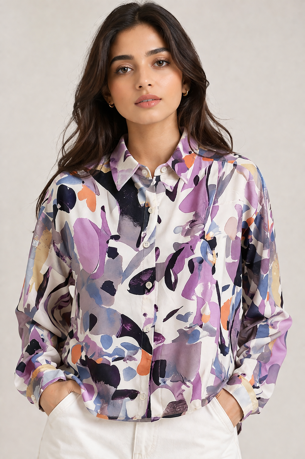 Women's Abstract Multi-Color Printed Button-Down Shirt D59