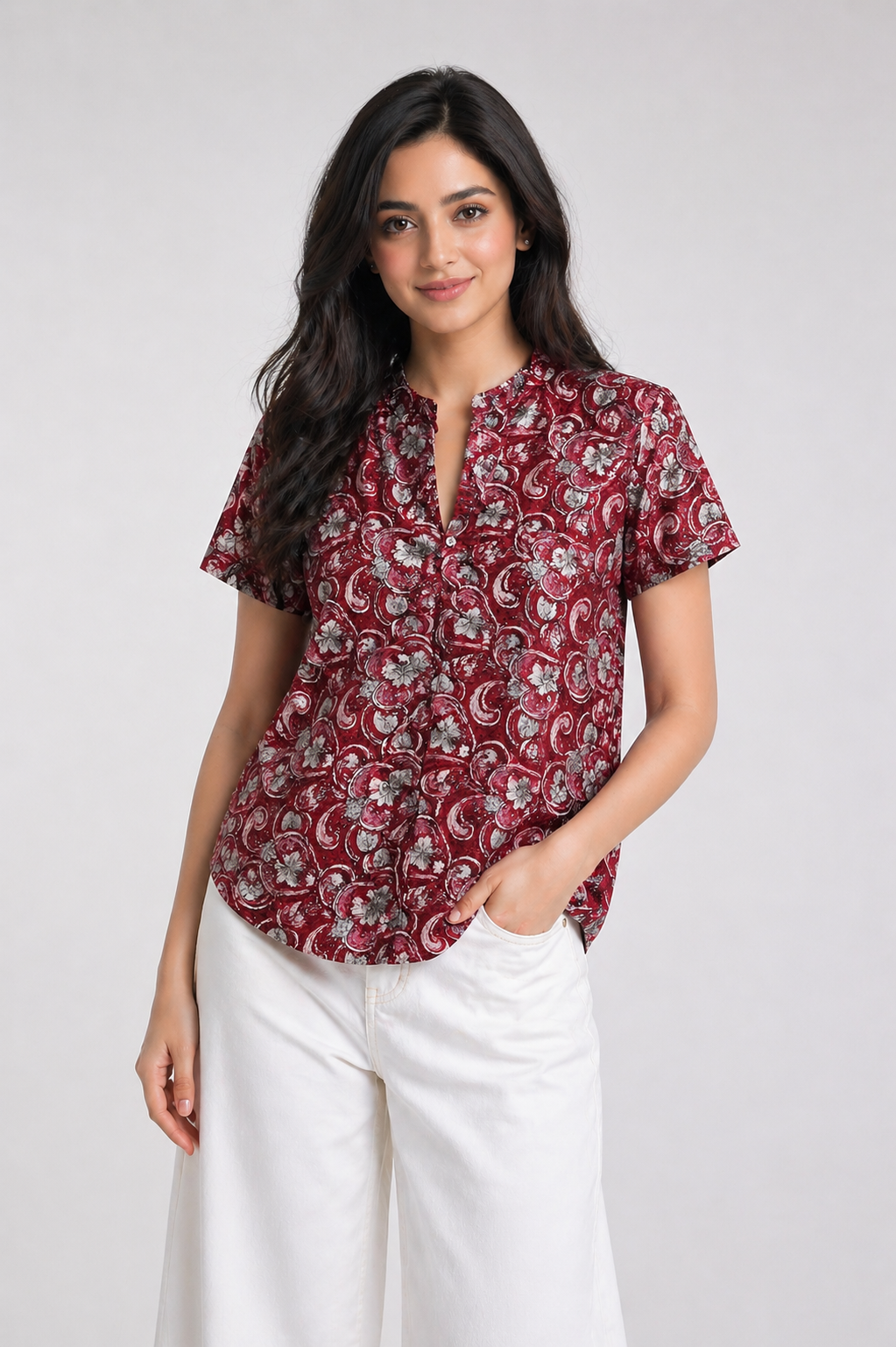 Women's Maroon Floral Printed Top with Mandarin Collar D60