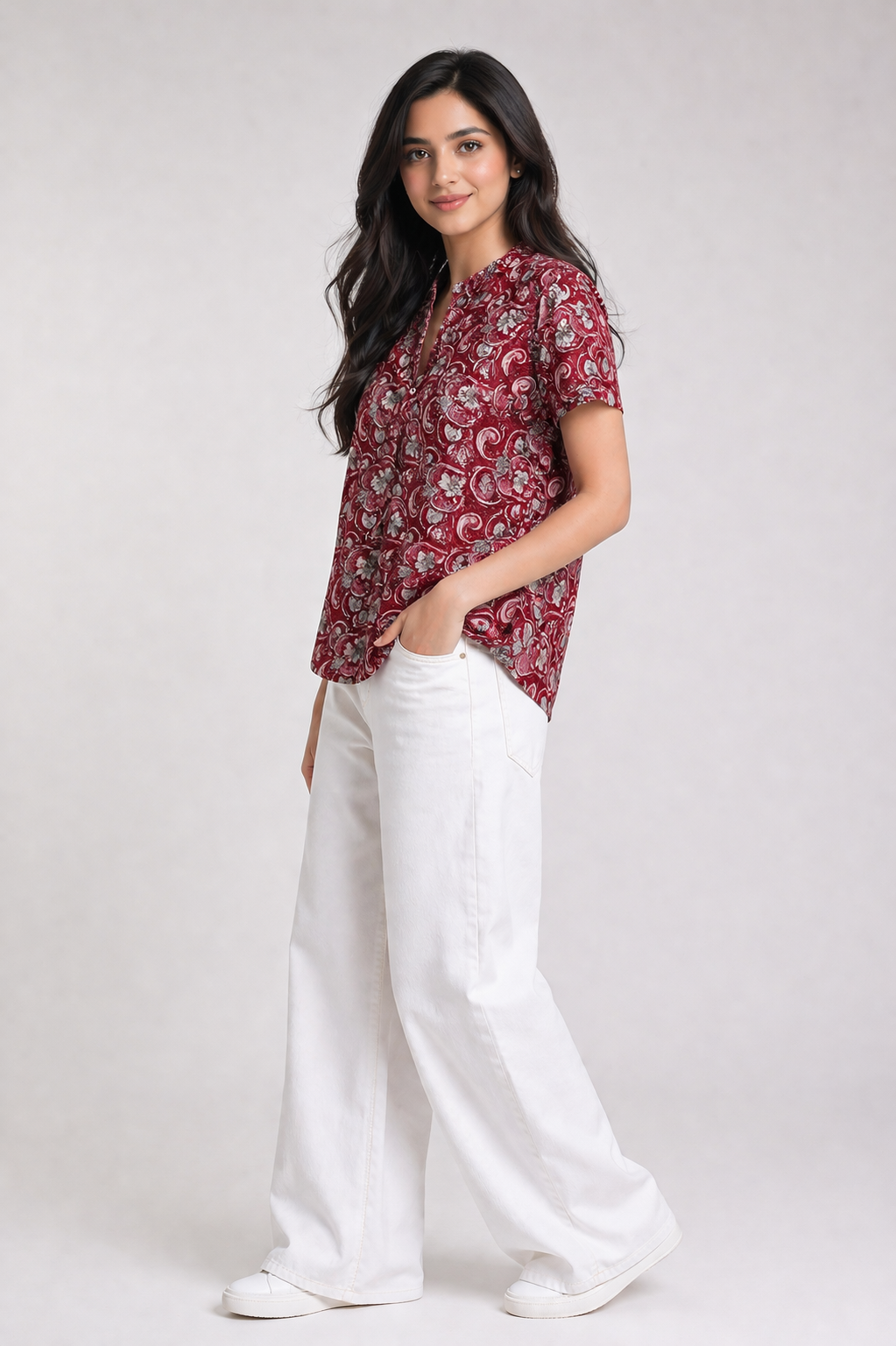 Women's Maroon Floral Printed Top with Mandarin Collar D60