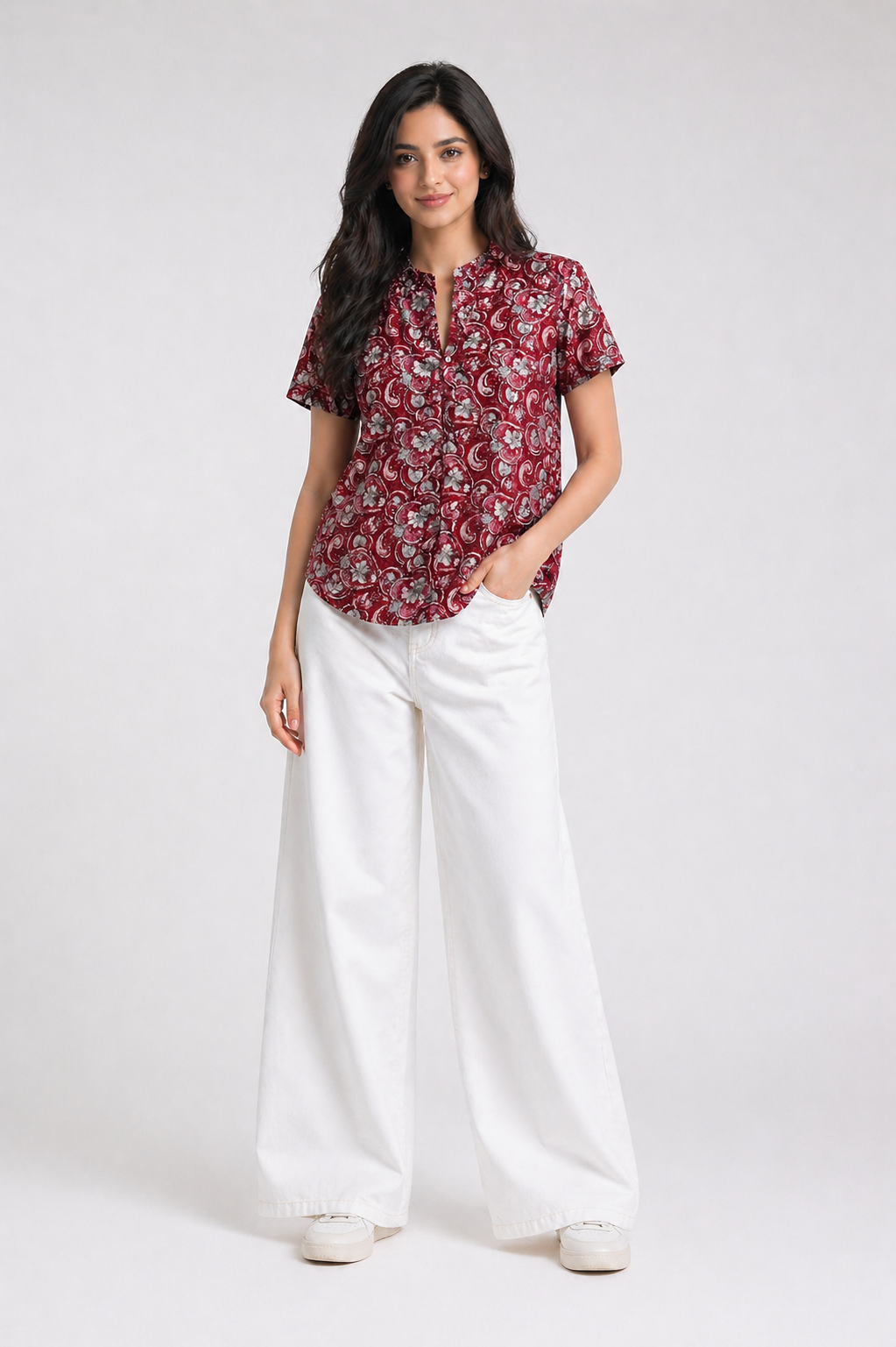 Women's Maroon Floral Printed Top with Mandarin Collar D60