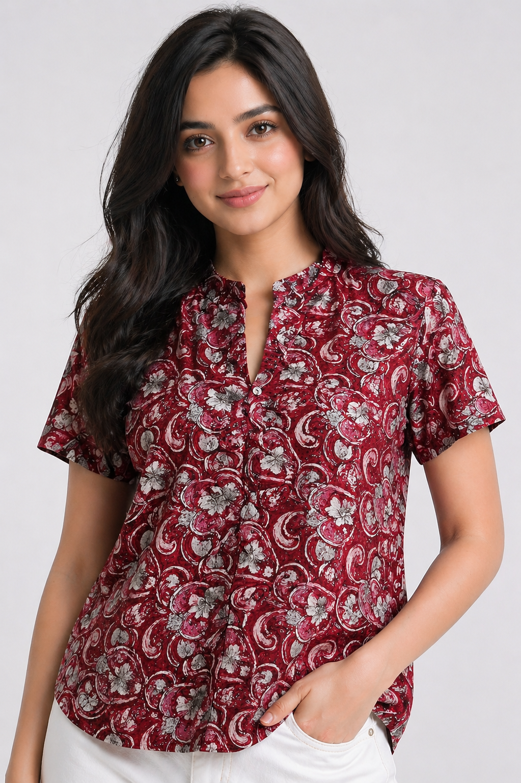 Women's Maroon Floral Printed Top with Mandarin Collar D60