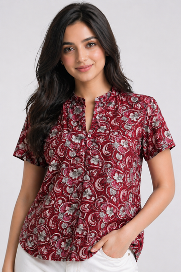Women's Maroon Floral Printed Top with Mandarin Collar D60