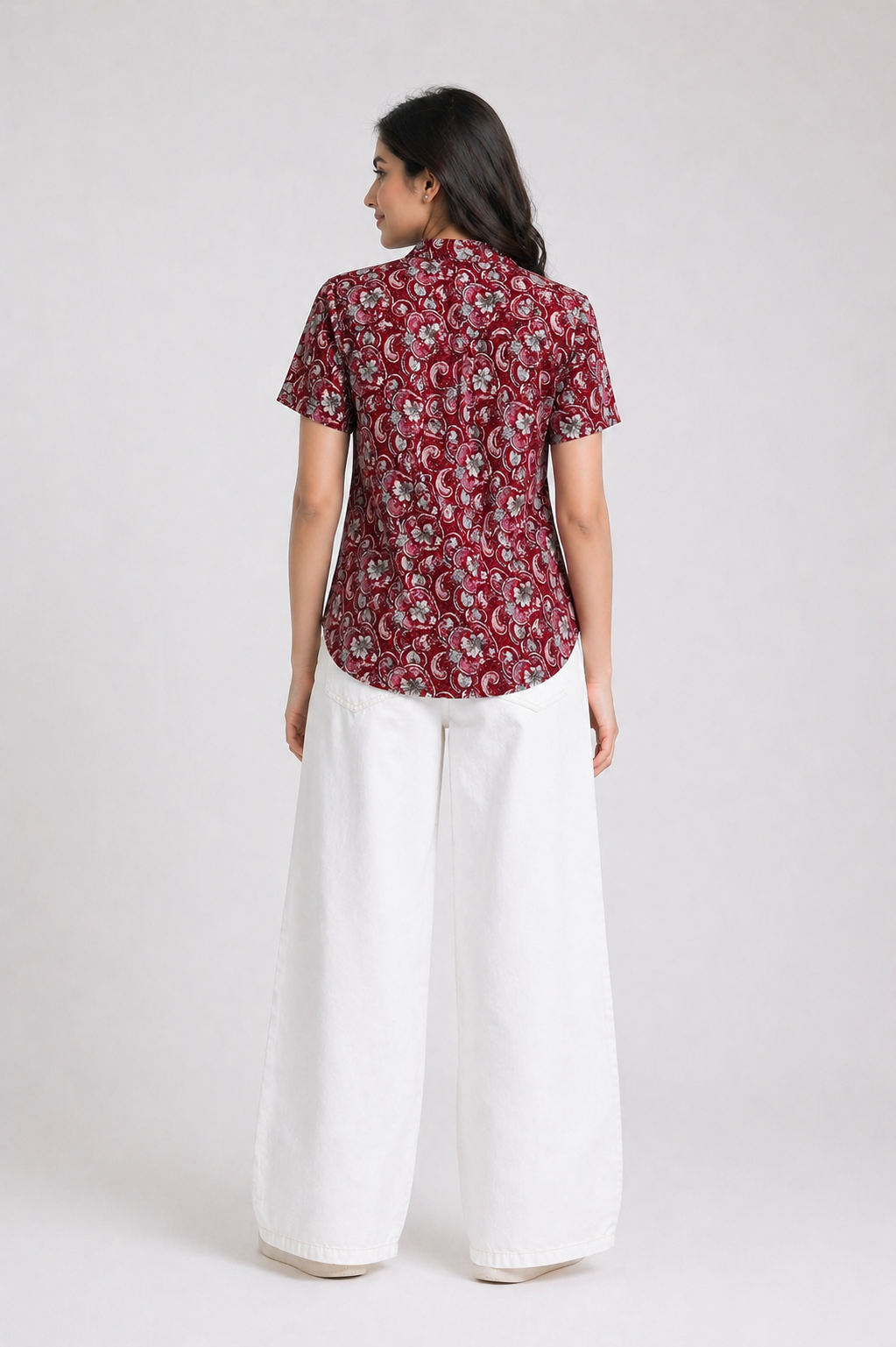 Women's Maroon Floral Printed Top with Mandarin Collar D60