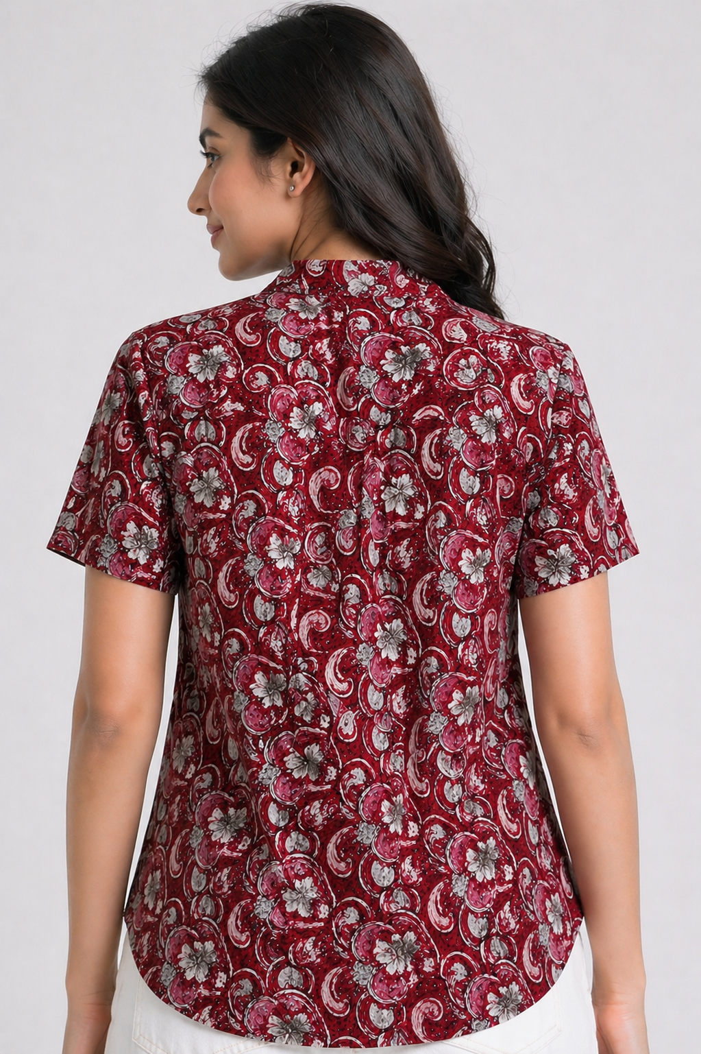 Women's Maroon Floral Printed Top with Mandarin Collar D60