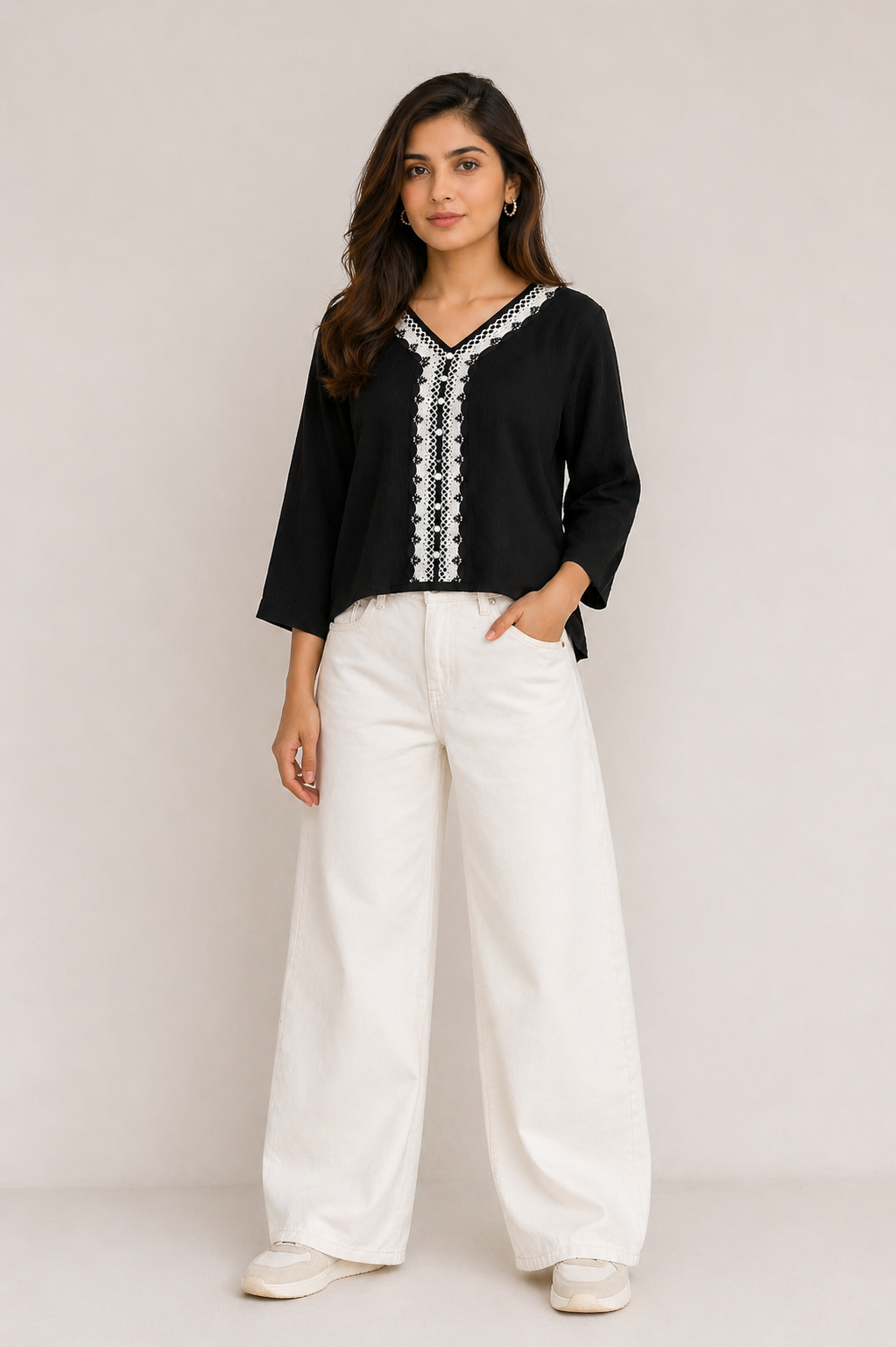 Black V-Neck Co-ord Top with White Lace Detailing D61