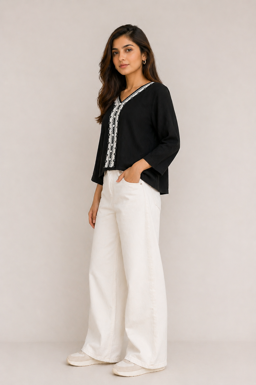 Black V-Neck Co-ord Top with White Lace Detailing D61