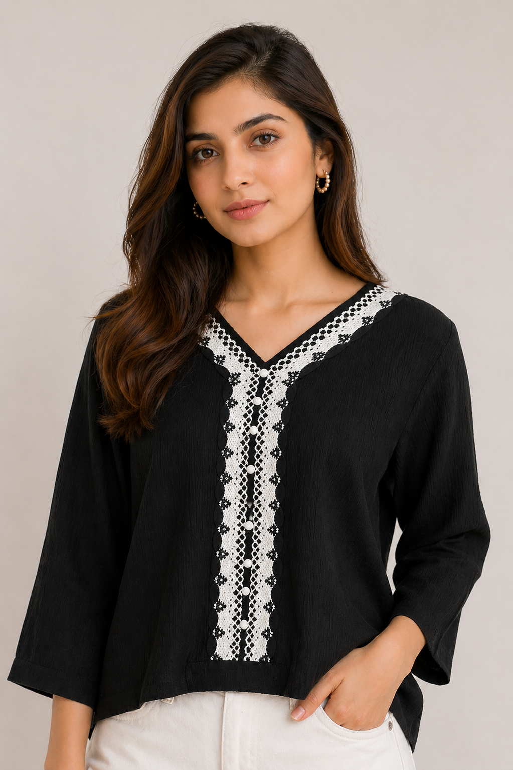 Black V-Neck Co-ord Top with White Lace Detailing D61
