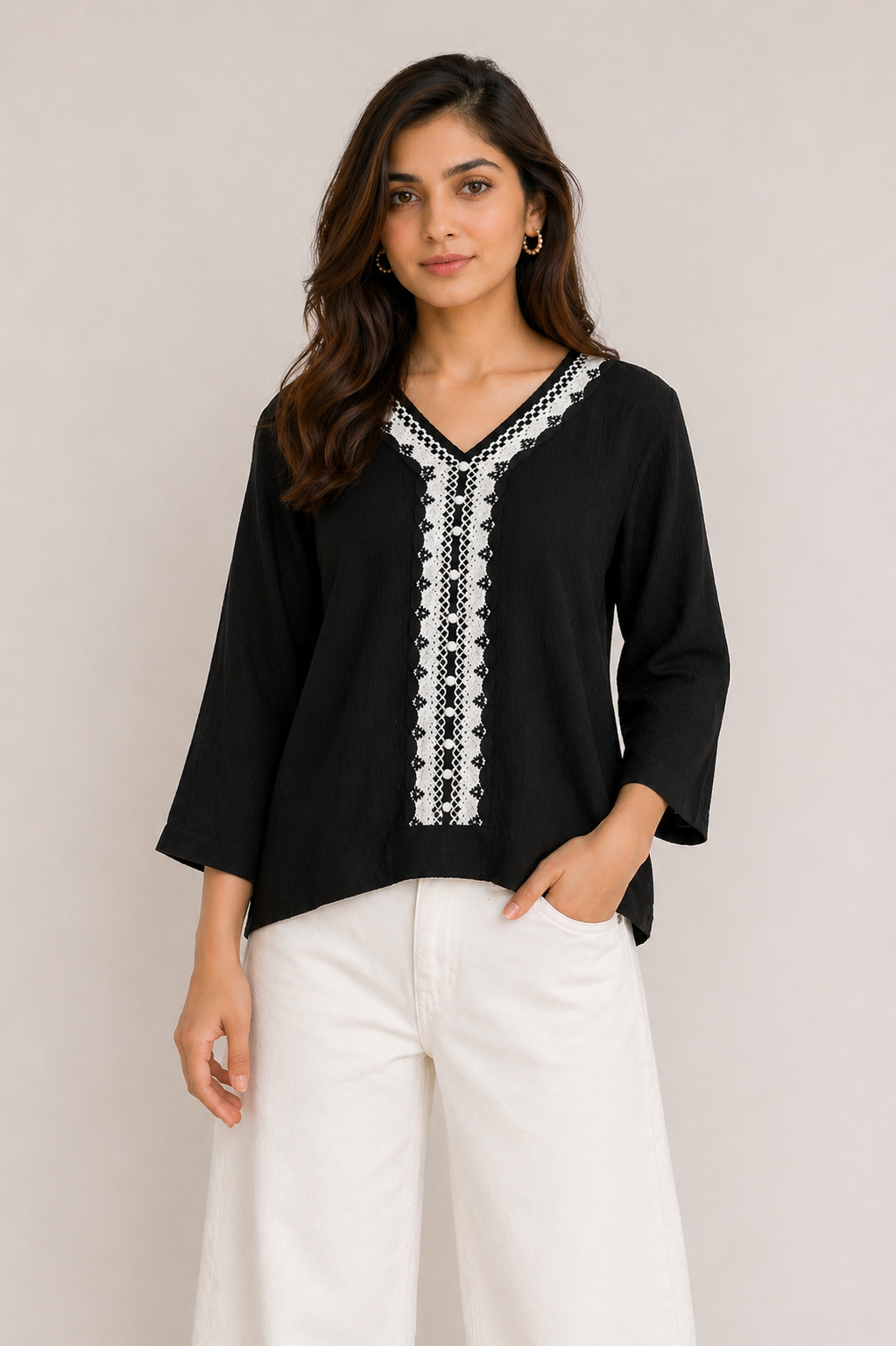 Black V-Neck Co-ord Top with White Lace Detailing D61