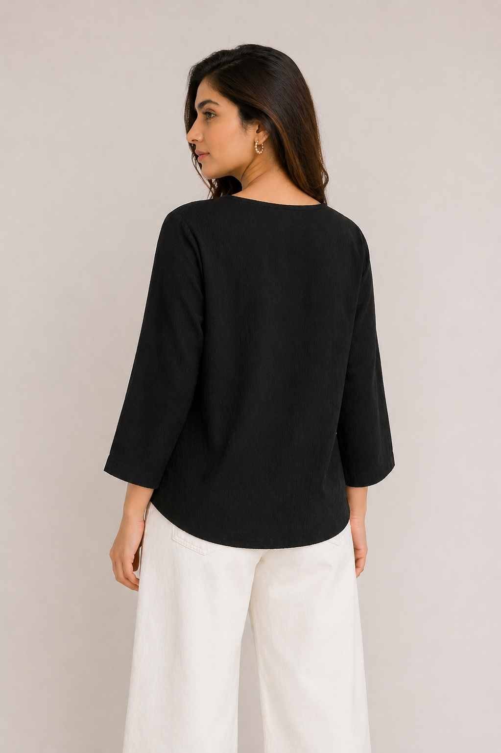 Black V-Neck Co-ord Top with White Lace Detailing D61