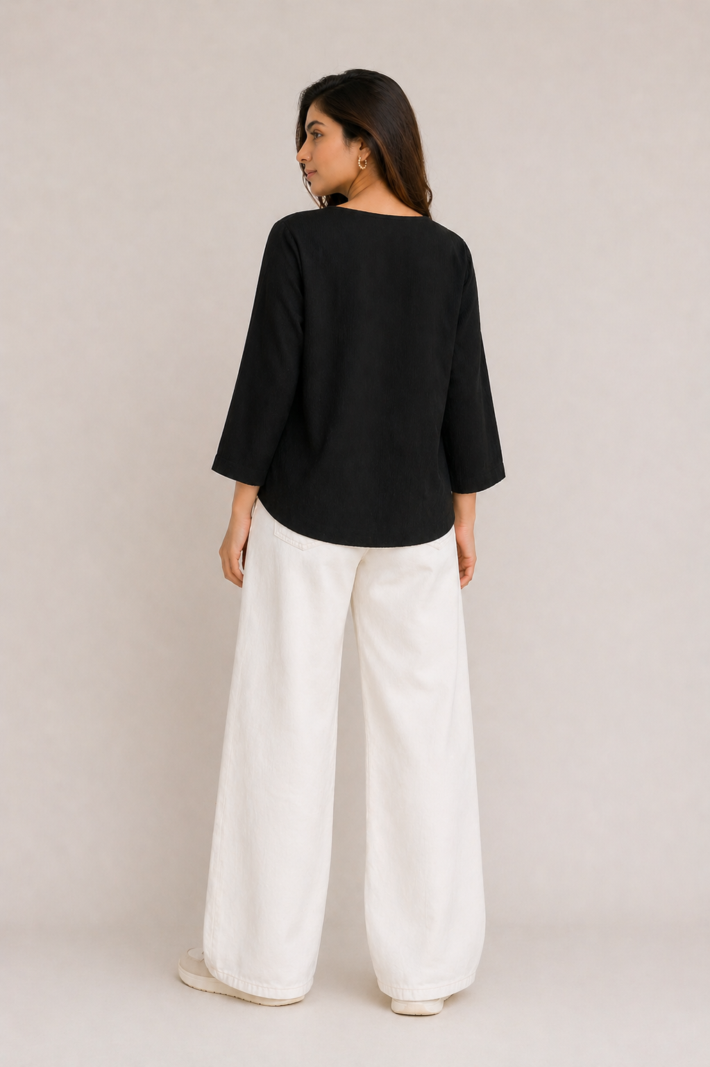 Black V-Neck Co-ord Top with White Lace Detailing D61