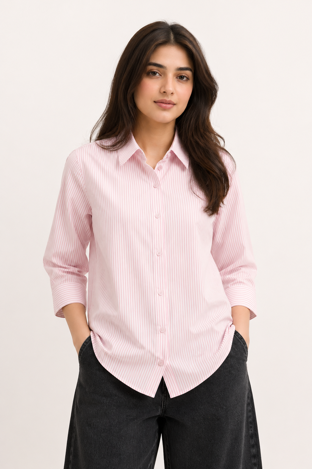 Casual Chic Pink Micro-Stripe Shirt with Cuffed Sleeves D62