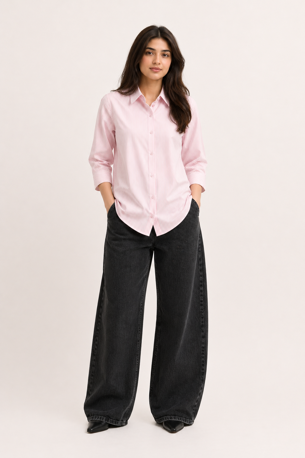 Casual Chic Pink Micro-Stripe Shirt with Cuffed Sleeves D62
