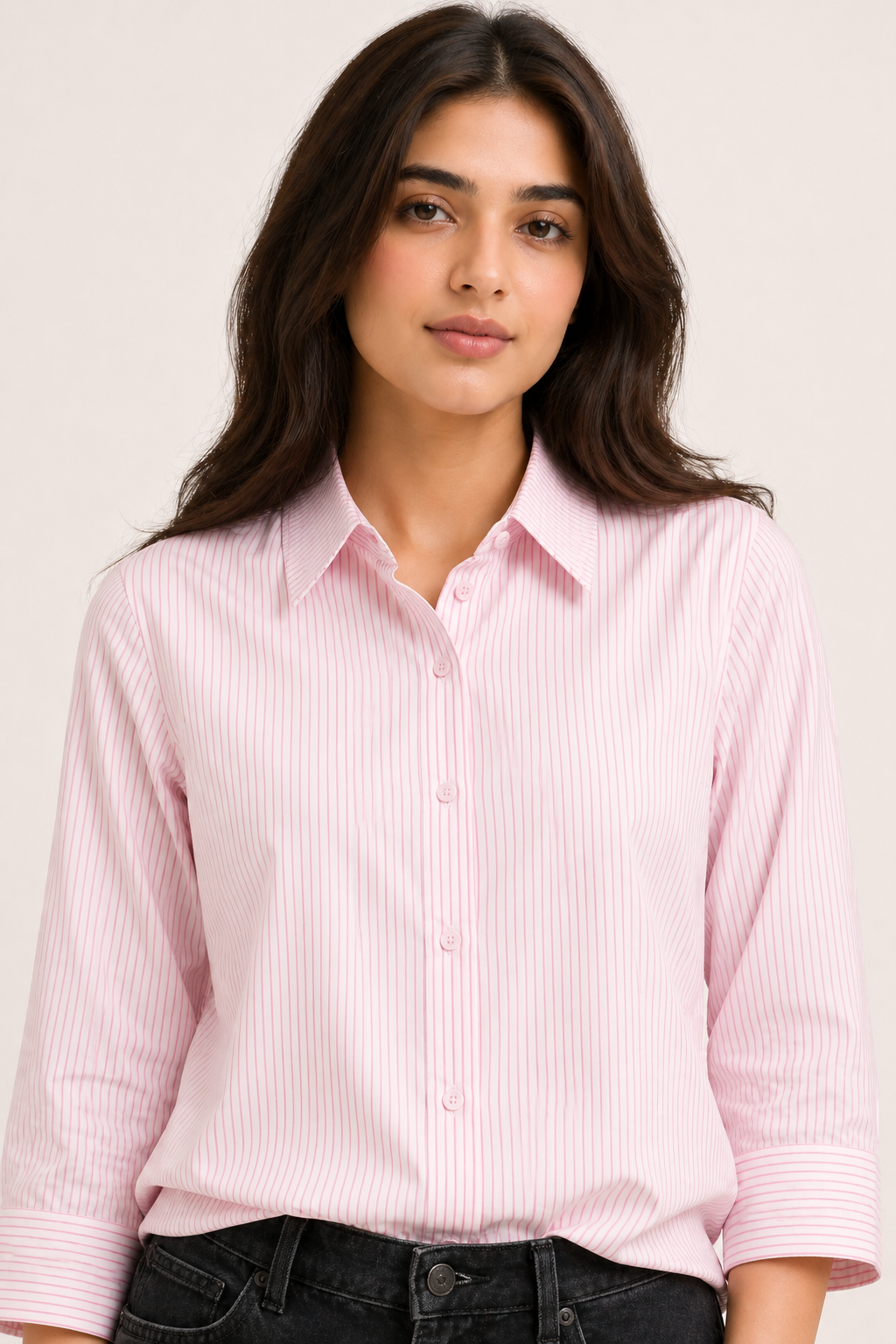 Casual Chic Pink Micro-Stripe Shirt with Cuffed Sleeves D62