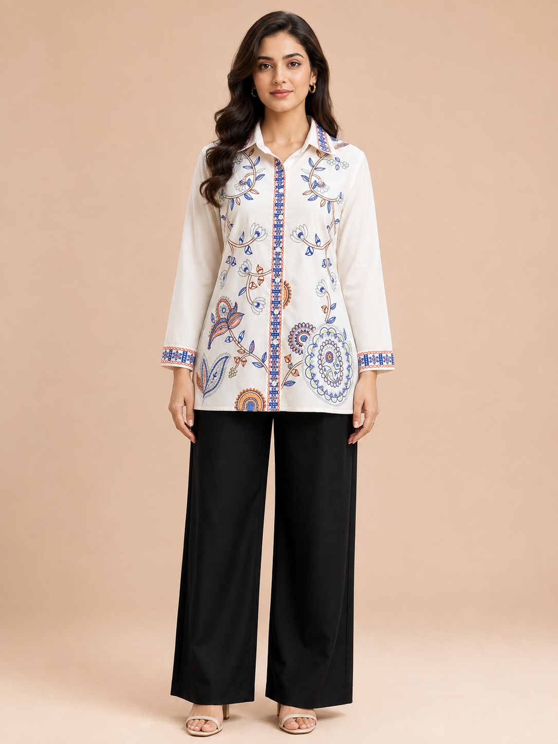 Floral Embroidered Front Button-Up Shirt D82