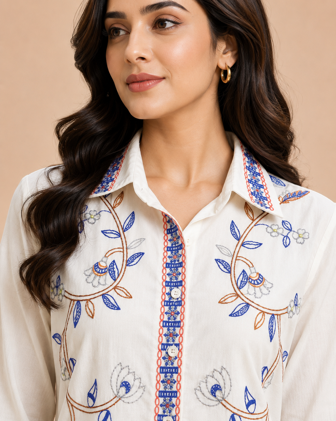 Floral Embroidered Front Button-Up Shirt D82