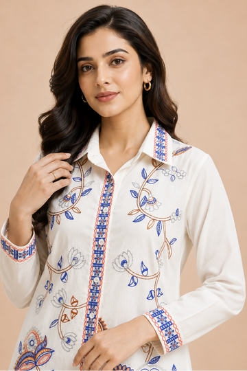 Floral Embroidered Front Button-Up Shirt D82