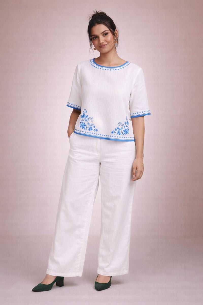 White Fancy Cotton Top with Blue Floral Border Print D2
