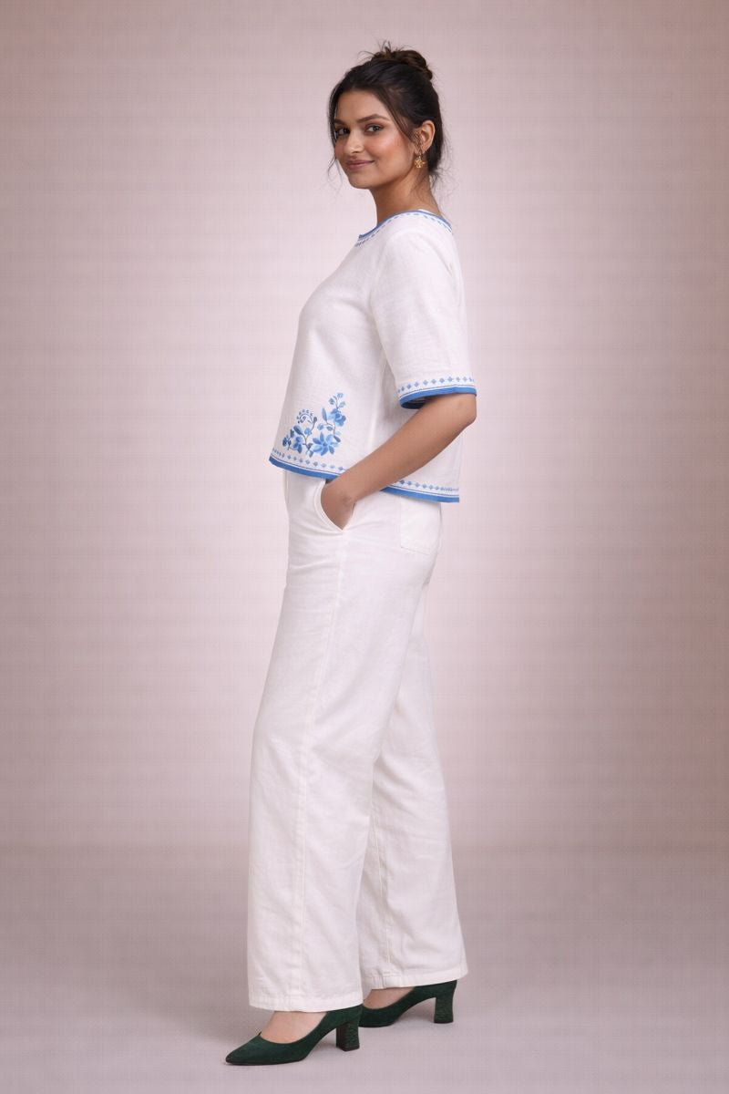 White Fancy Cotton Top with Blue Floral Border Print D2