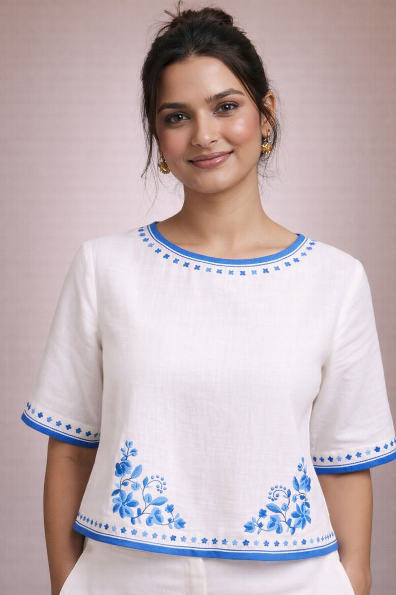 White Fancy Cotton Top with Blue Floral Border Print D2