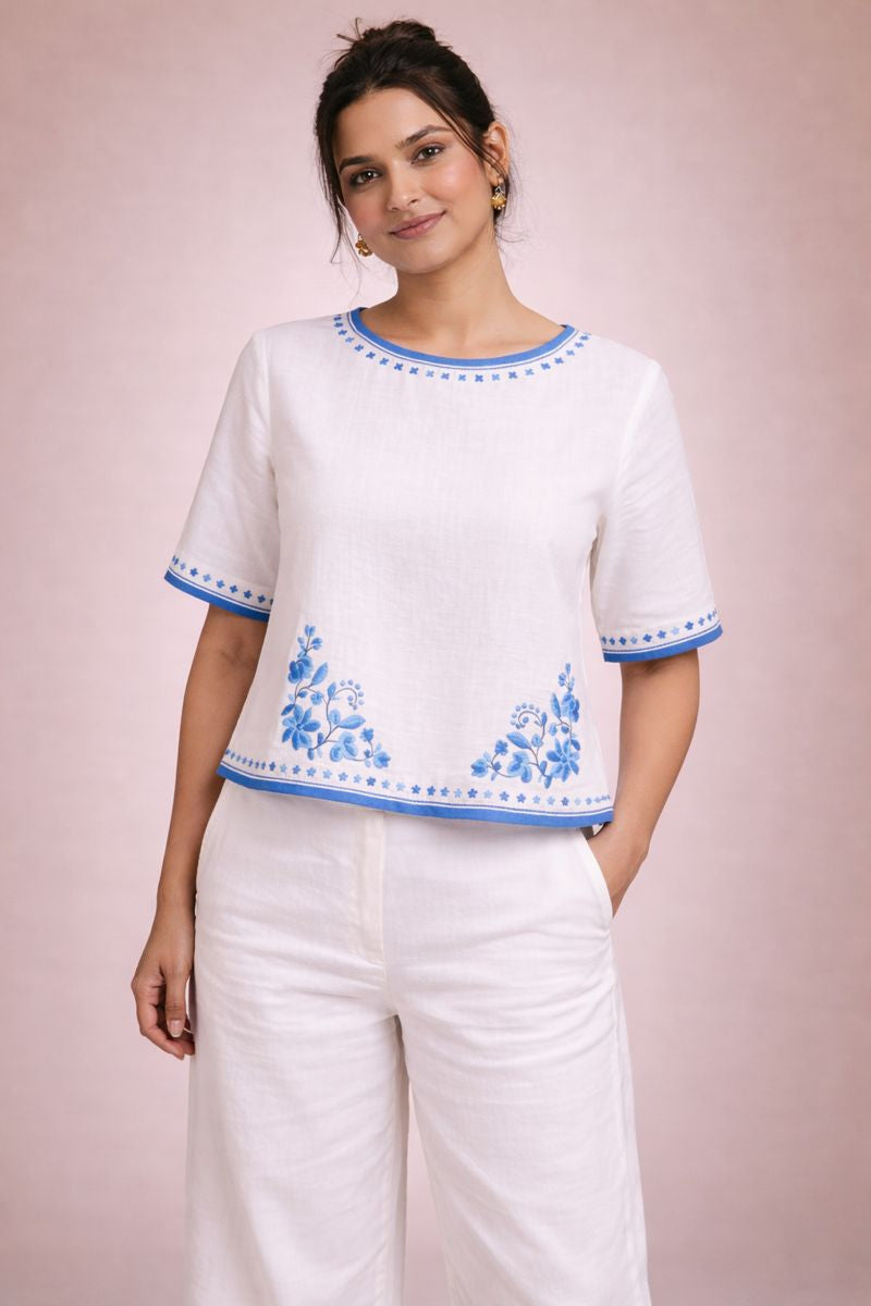 White Fancy Cotton Top with Blue Floral Border Print D2