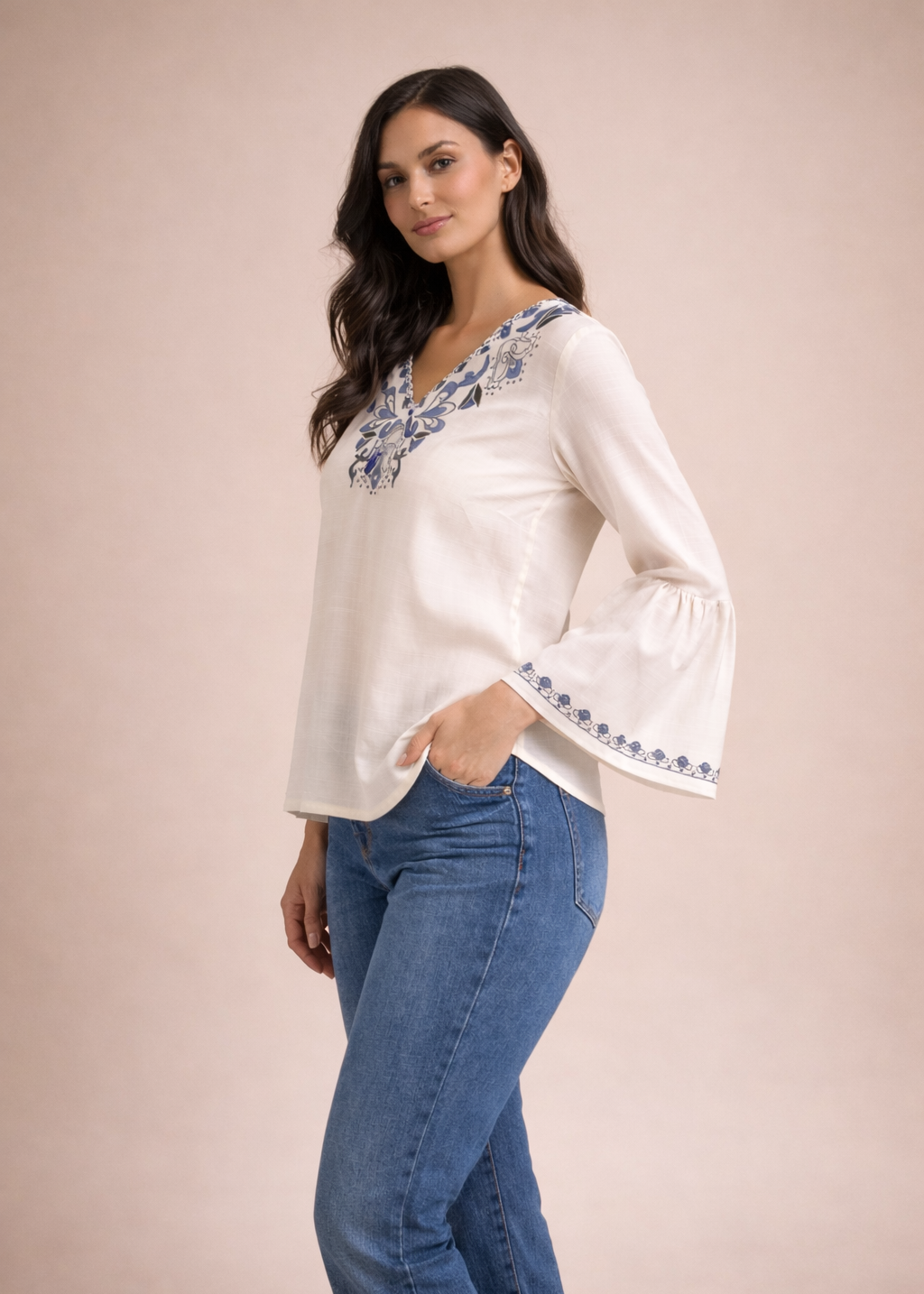 Elegant Off-White Fancy Cotton Top with Printed Neck Design D22